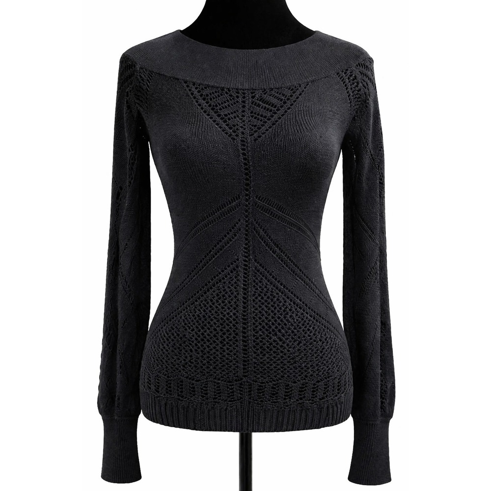 Cache Womens Pullover High Neck Sweater Size Large Black Open Knit Long Sleeve
